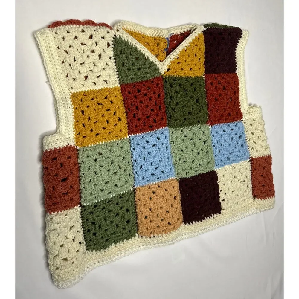 Vintage 1970s Style Handmade Crochet Granny Square Patchwork Vest Unisex XL